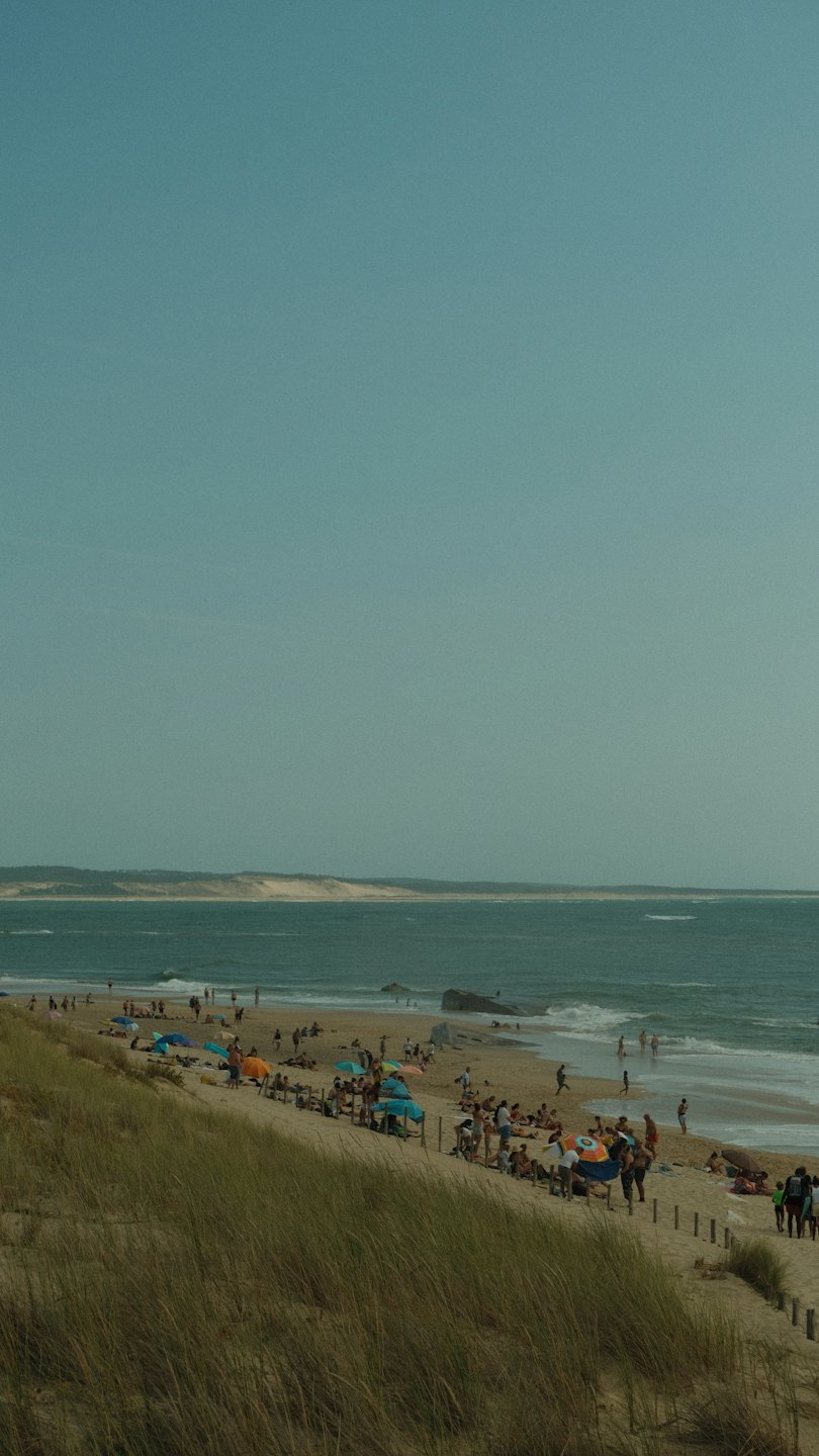 People relax and swim on a sunny sandy beach.